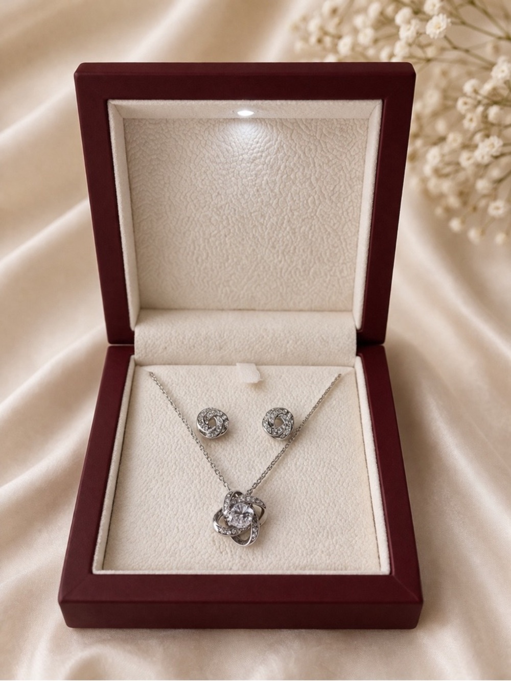 Silver Tone Rhinestone Swirl Necklace & Stud Earrings Set Adjustable